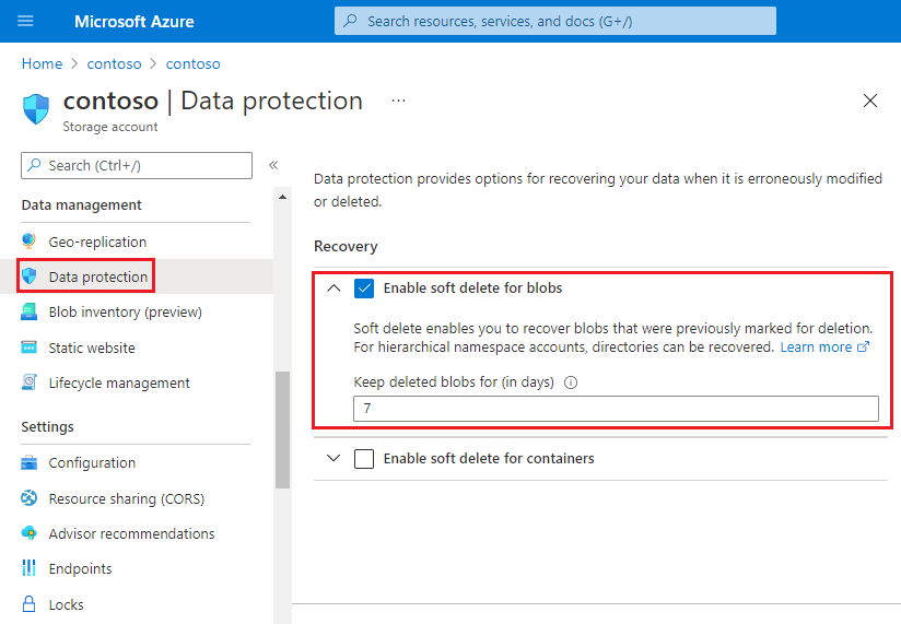 Snímek obrazovky znázorňující povolení obnovitelného odstranění na webu Azure Portal v účtech s hierarchickým oborem názvů