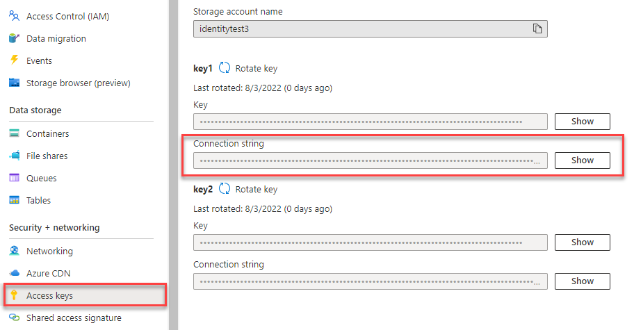 Snímek obrazovky znázorňující, jak zkopírovat připojovací řetězec z webu Azure Portal