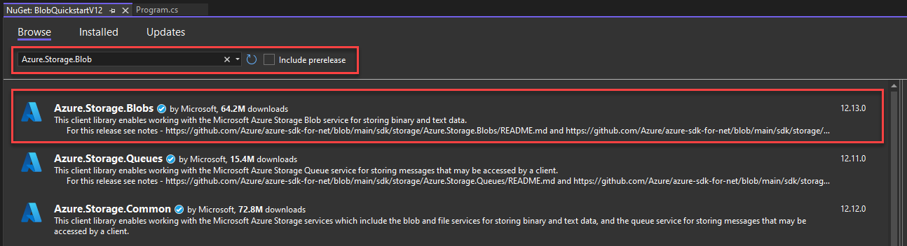 Snímek obrazovky znázorňující, jak přidat nový balíček pomocí sady Visual Studio