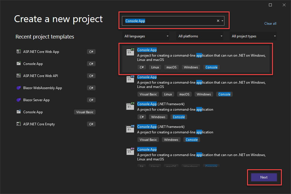 Snímek obrazovky znázorňující, jak vytvořit nový projekt pomocí sady Visual Studio