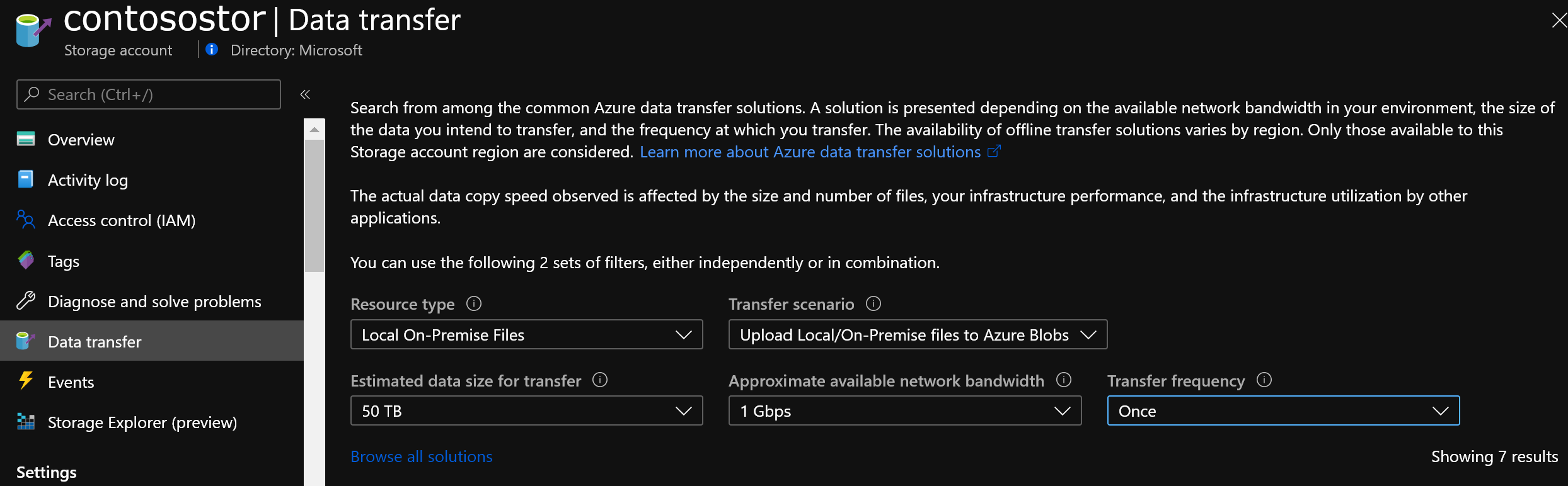 Zobrazuje estimátor přenosu dat Azure Storage na portálu.