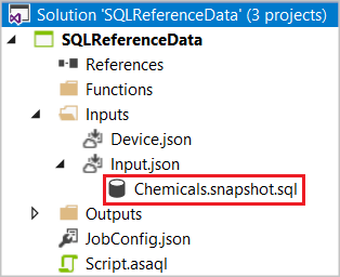 Soubor SQL CodeBehind Chemicals.snapshot.sql je zvýrazněný.