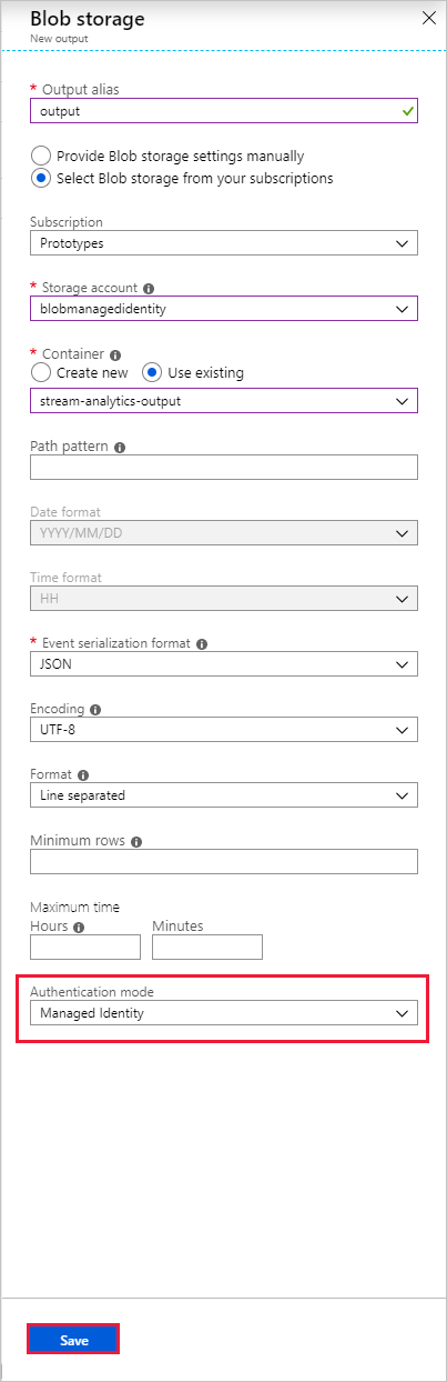 Konfigurace výstupu služby Azure Blob Storage