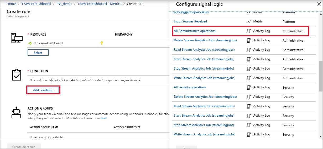 Výběr názvu signálu pro upozornění Stream Analytics