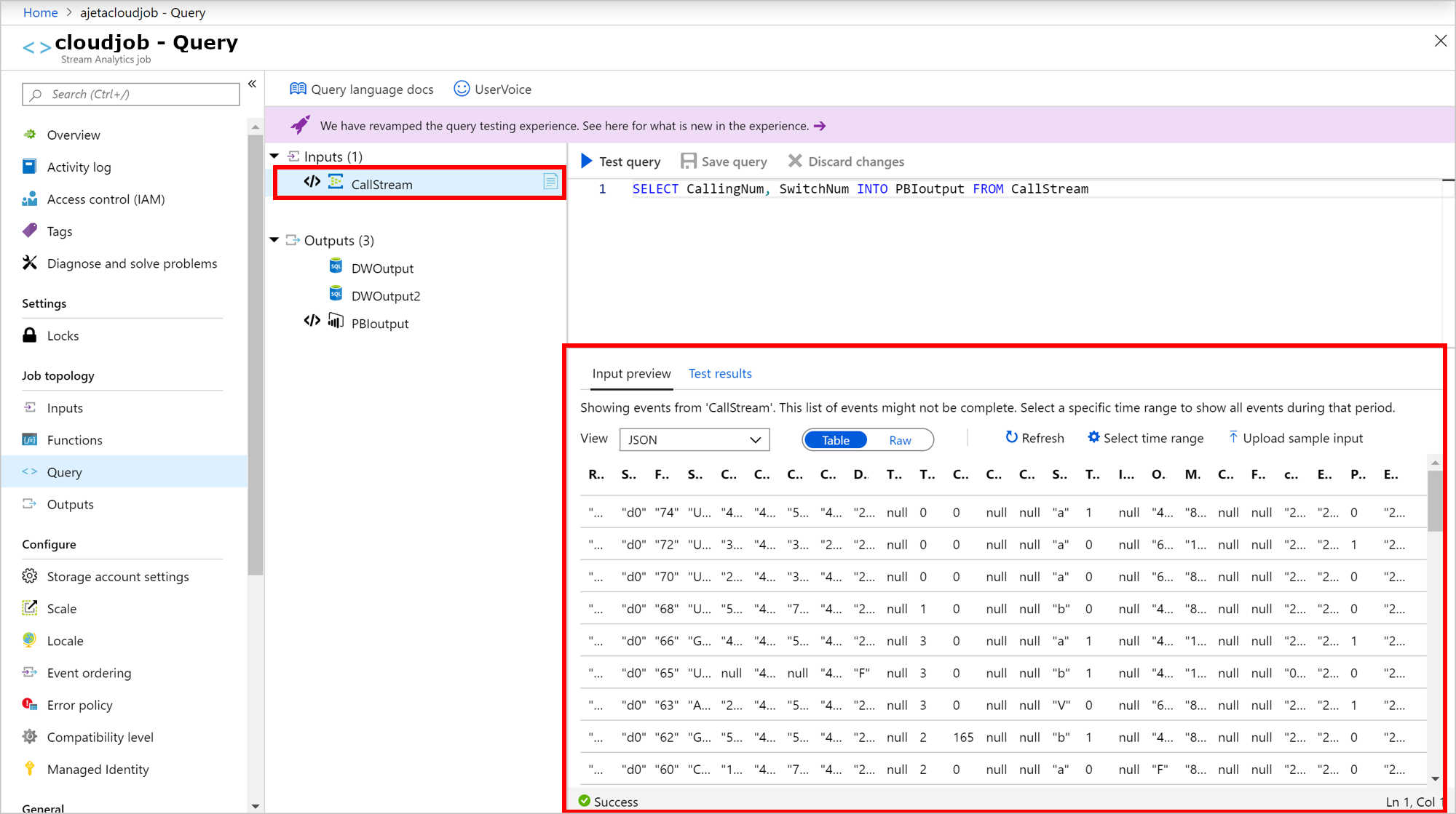 Ukázkový vstup Azure Stream Analytics ve formátu tabulky