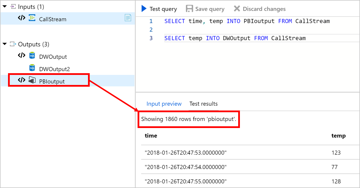 Vybraný výstup Azure Stream Analytics