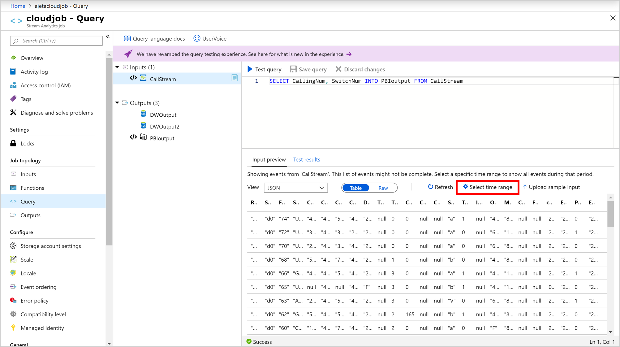 Časový rozsah příchozích ukázkových událostí v Azure Stream Analytics