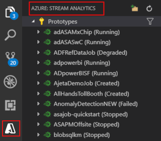 Snímek obrazovky s rozšířením VSCode s otevřením Průzkumníka Stream Analytics