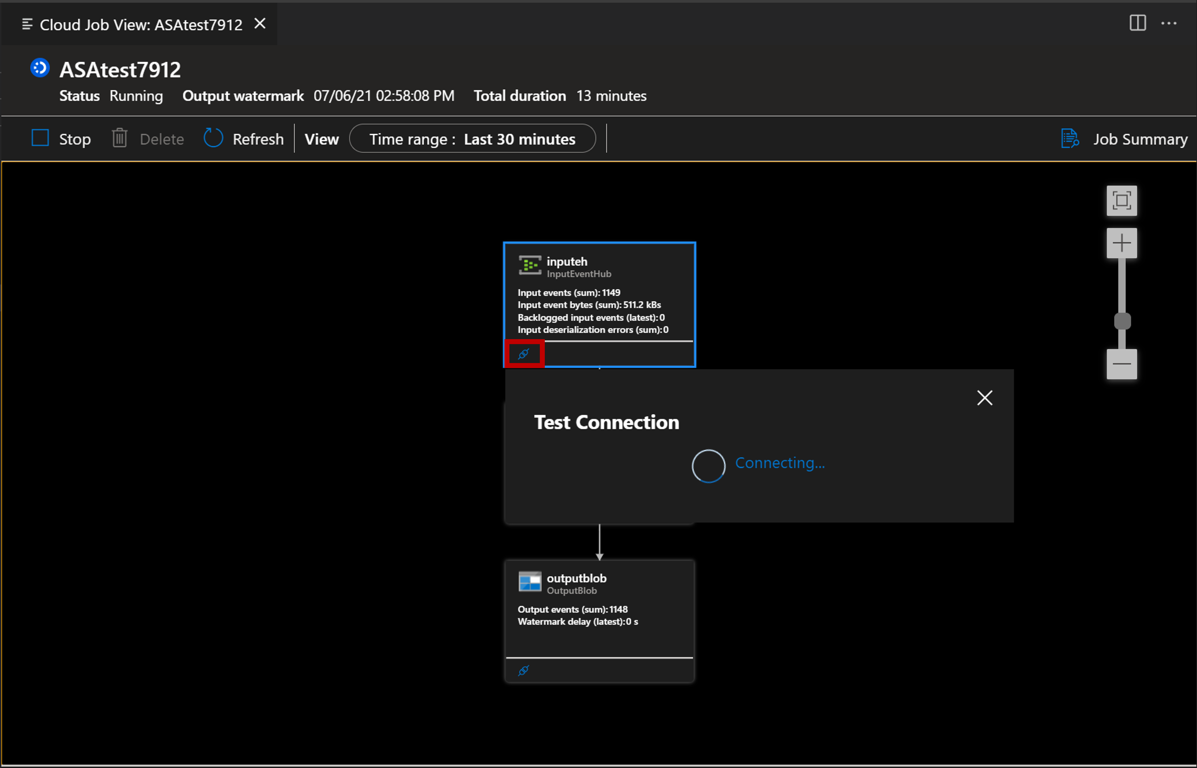 Snímek obrazovky s připojením k testování rozšíření VSCode