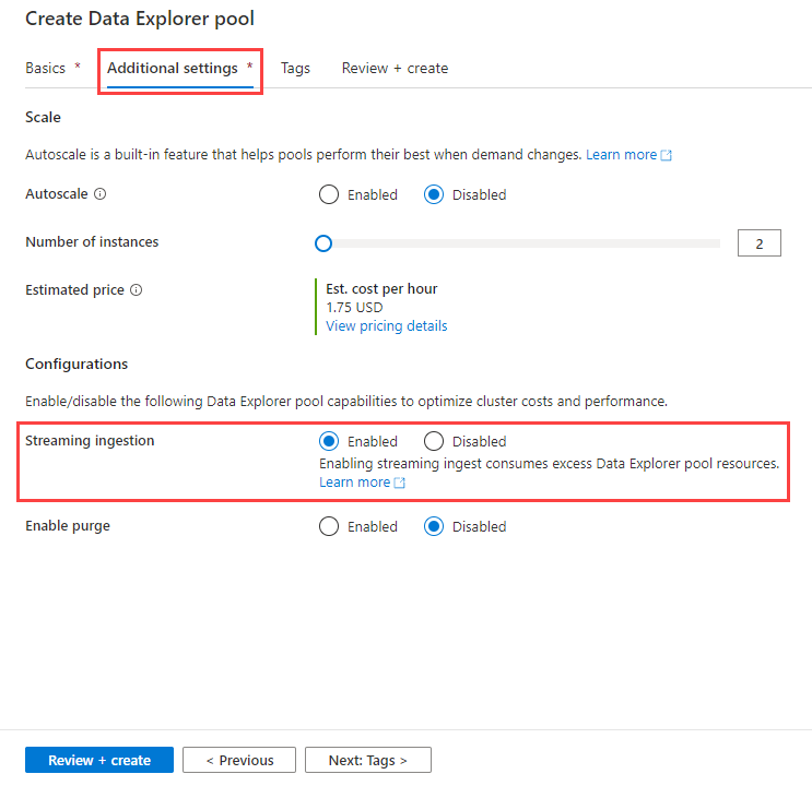 Povolte příjem dat streamování při vytváření fondu Data Explorer v Azure Synapse Data Explorer.