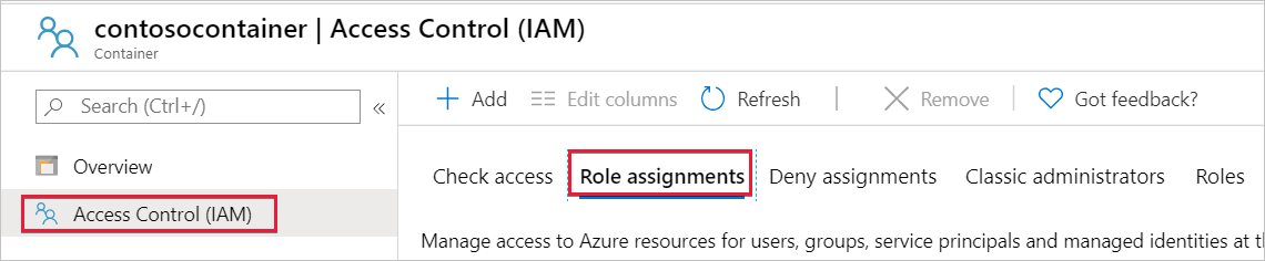 Snímek obrazovky s tlačítkem Přiřazení rolí na webu Azure Portal, které slouží k ověření přiřazení role