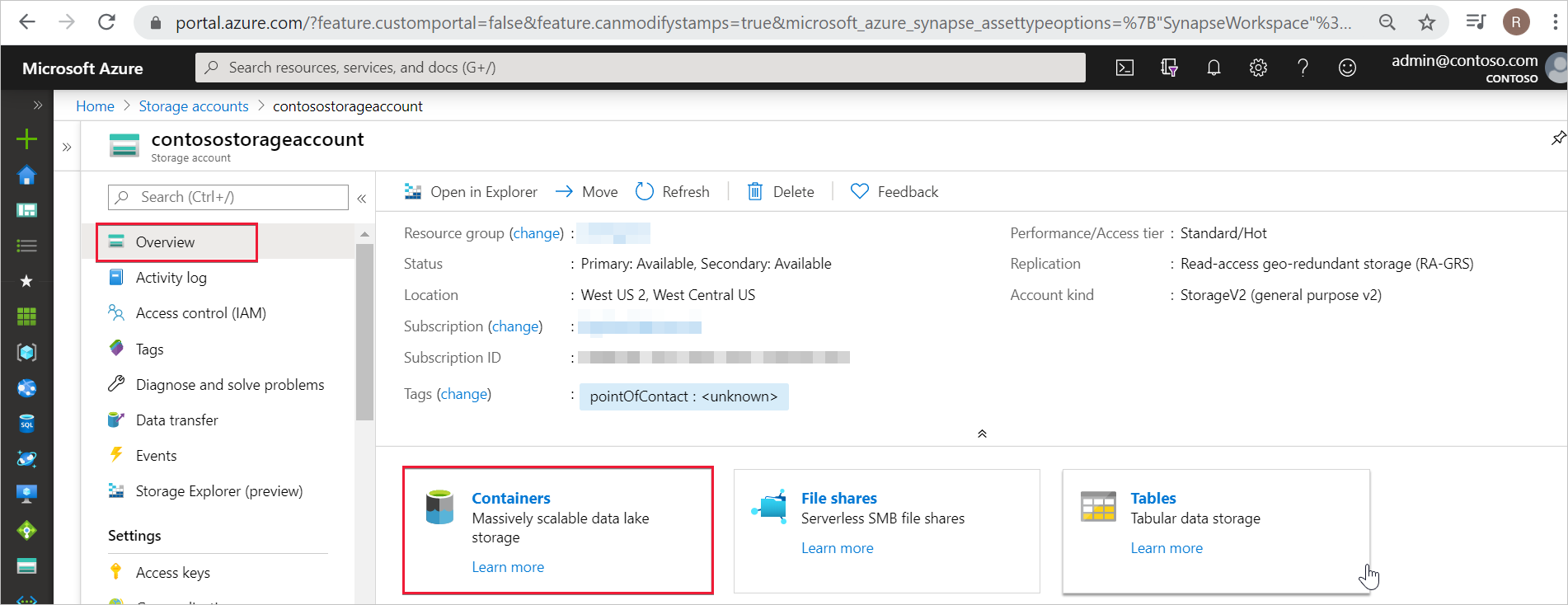 Snímek obrazovky webu Azure Portal s přehledem účtu úložiště ADLS Gen2