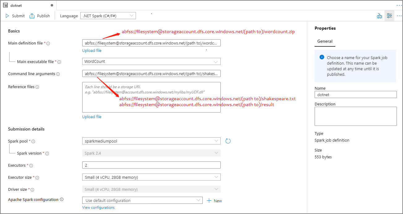 Nastavení hodnoty definice úlohy Spark pro dotnet