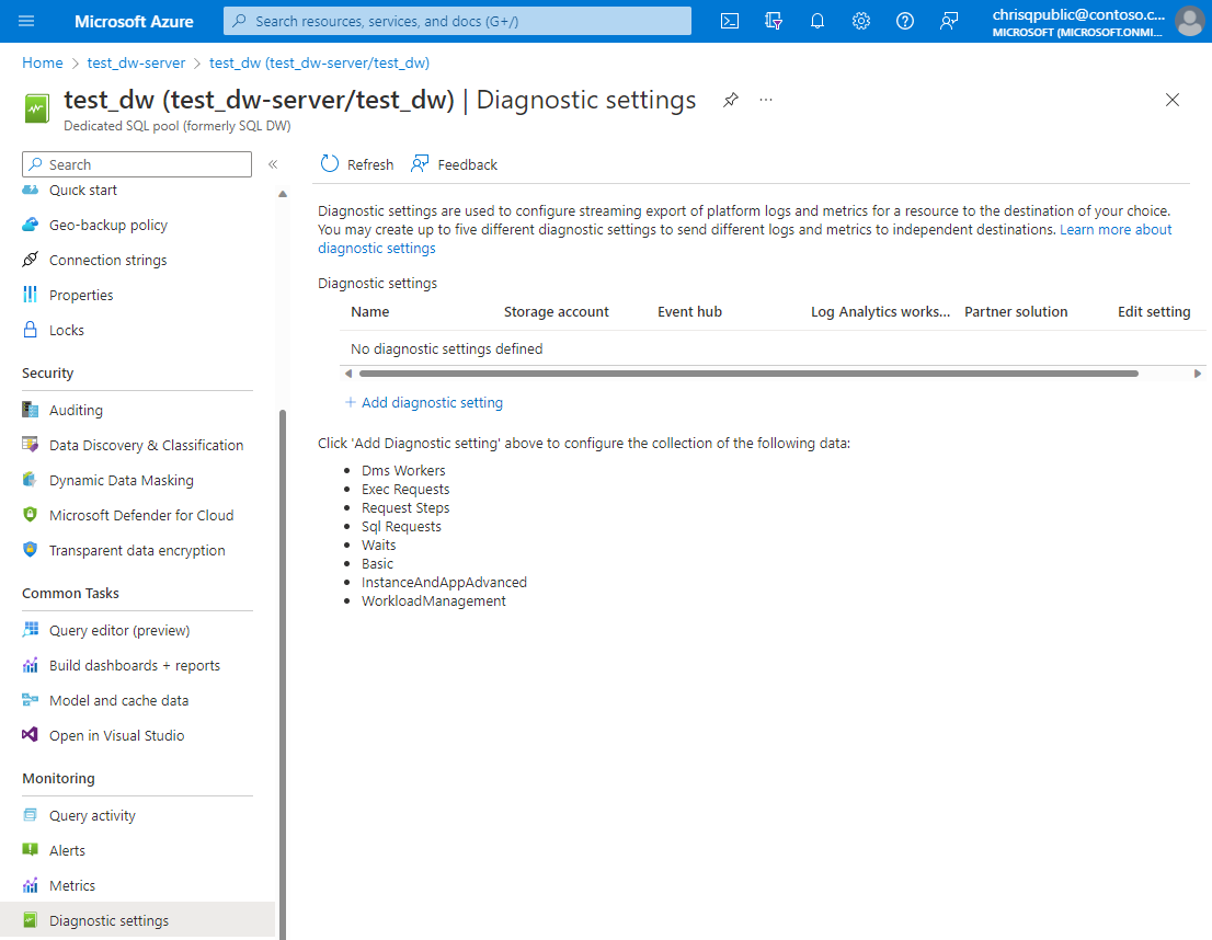 Snímek obrazovky se stránkou pro vytvoření nastavení diagnostiky na webu Azure Portal