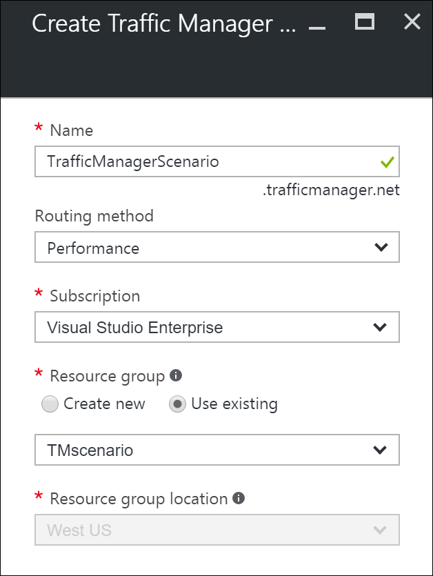 Okno Vytvořit Traffic Manager