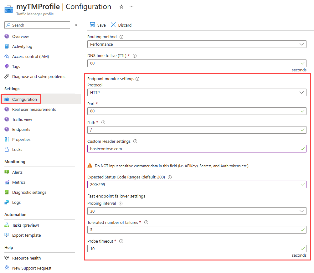 Snímek obrazovky znázorňující konfiguraci Traffic Manageru na webu Azure Portal