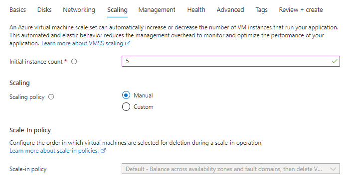 Snímek obrazovky s kartou Škálování na webu Azure Portal během procesu vytváření škálovací sady virtuálních počítačů