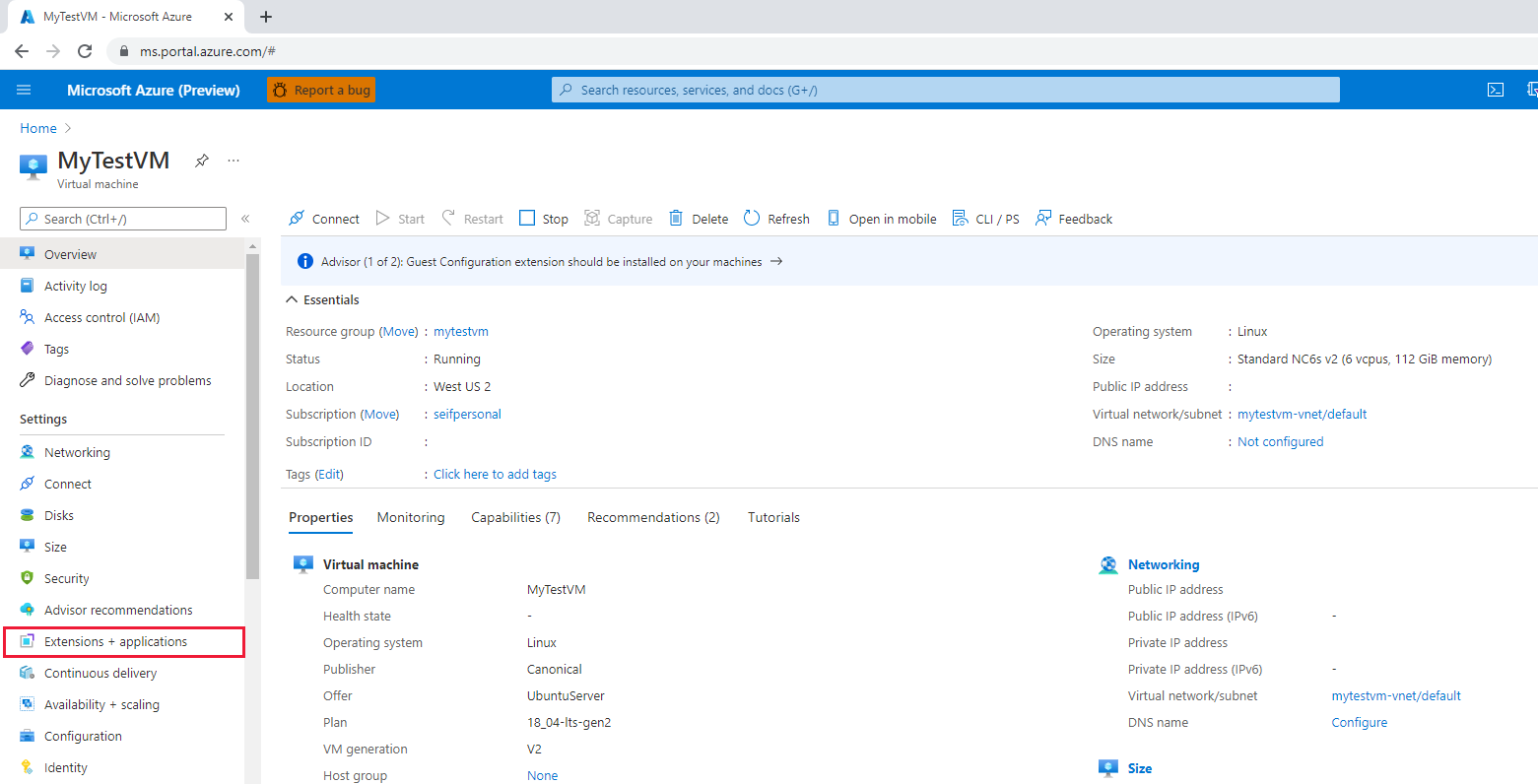 Snímek obrazovky znázorňující výběr rozšíření v nabídce webu Azure Portal