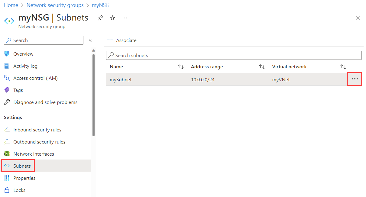 Snímek obrazovky znázorňující přidružení skupiny zabezpečení sítě z podsítě na webu Azure Portal