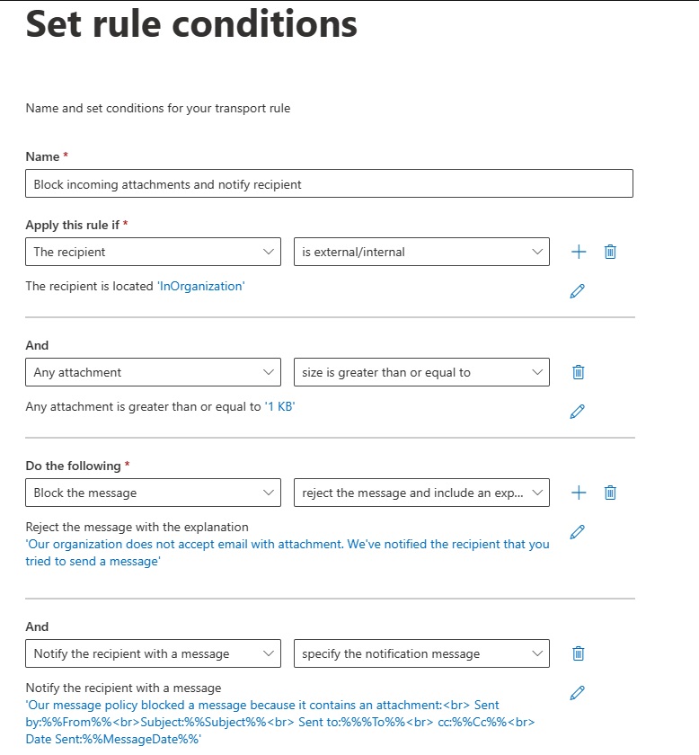 Screenshot of rule that notifies recipients when an inbound message is blocked.