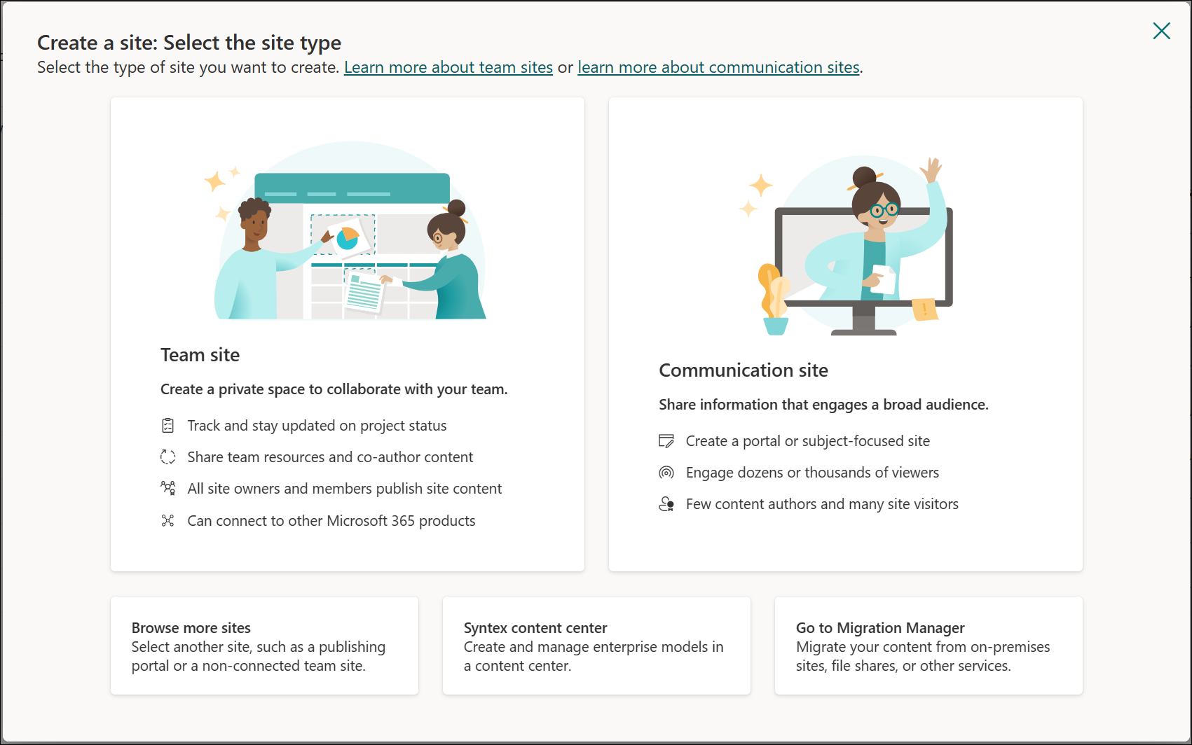 The Create a site panel.