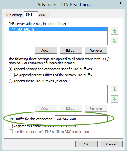 V upřesňujícím nastavení protokolu TCP/IP nakonfigurujte příponu DNS.