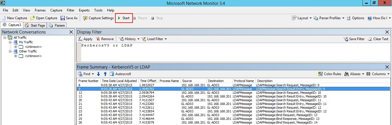 Snímek obrazovky s dialogovým oknem Microsoft Network Monitor se zobrazeným tlačítkem Start