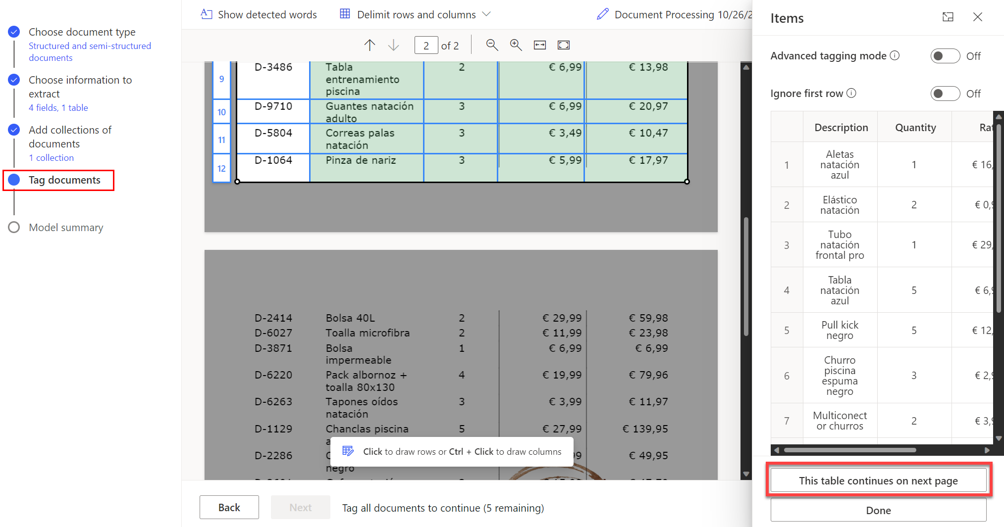 Screenshot zobrazující výběr možnosti „Tato tabulka pokračuje na další stránce“ umožňující pokračovat v označování tabulky, která se rozkládá na více stránkách.