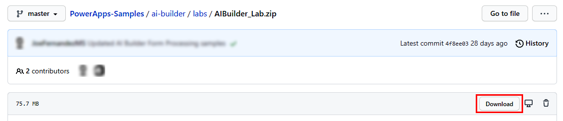 Snímek obrazovky stahování souboru AIBuilder_Lab.zip.