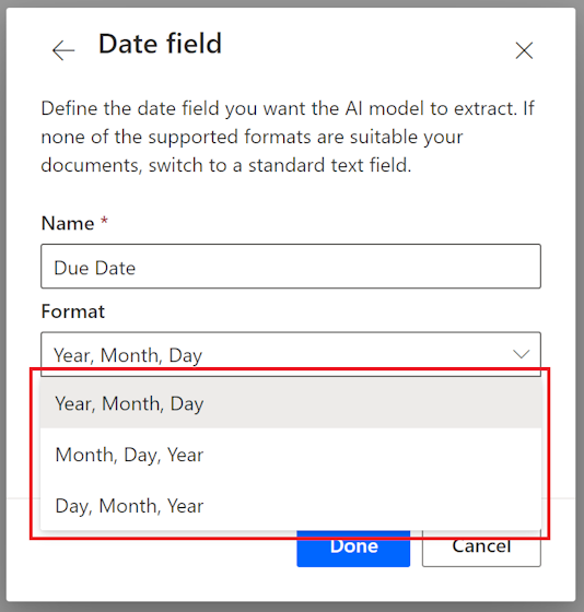 Snímek obrazovky formátu 'Pole data'.