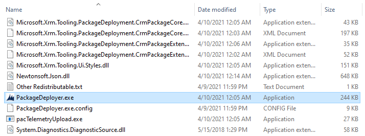 Screenshot s vybraným souborem PackageDeployer.exe.