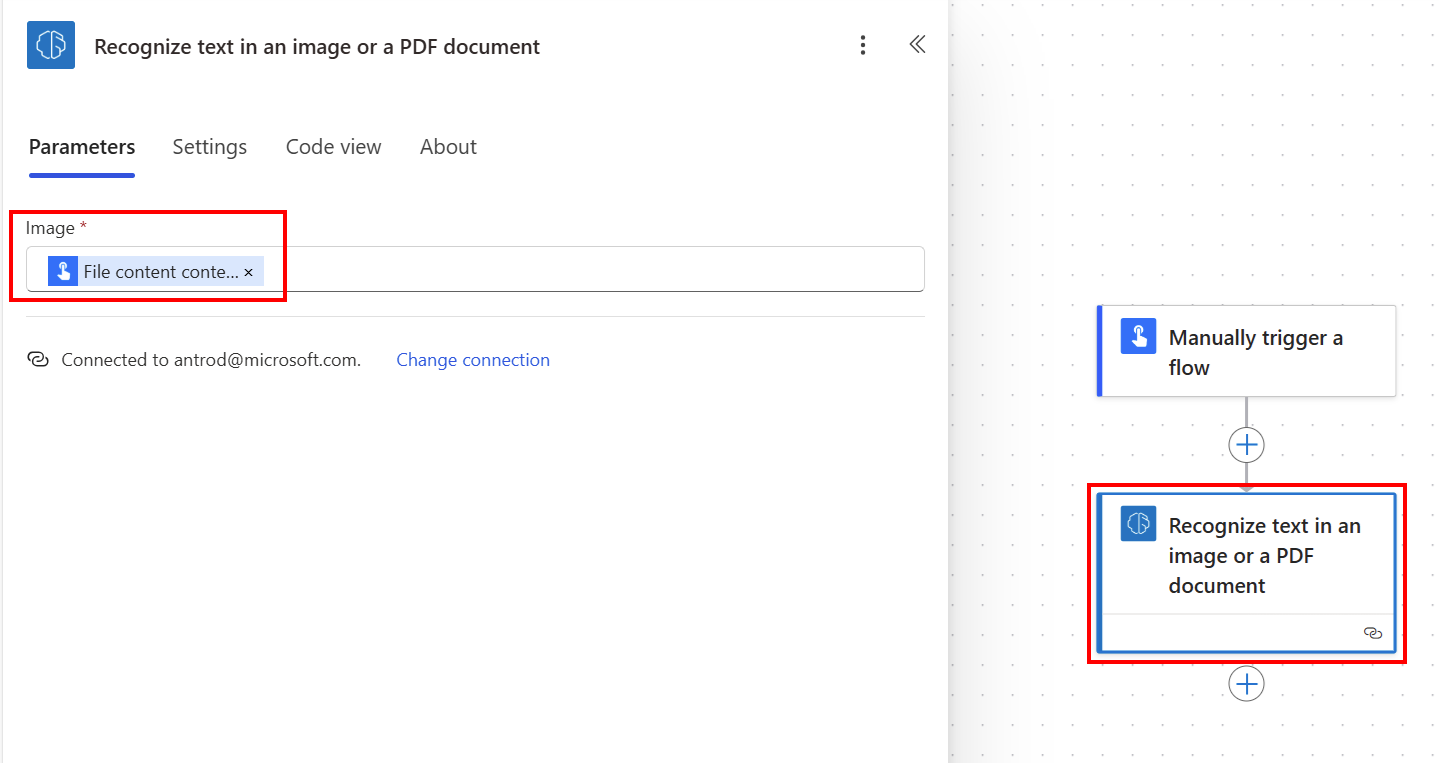 Snímek obrazovky inicializace Power Automate toku na kartě Parametry.