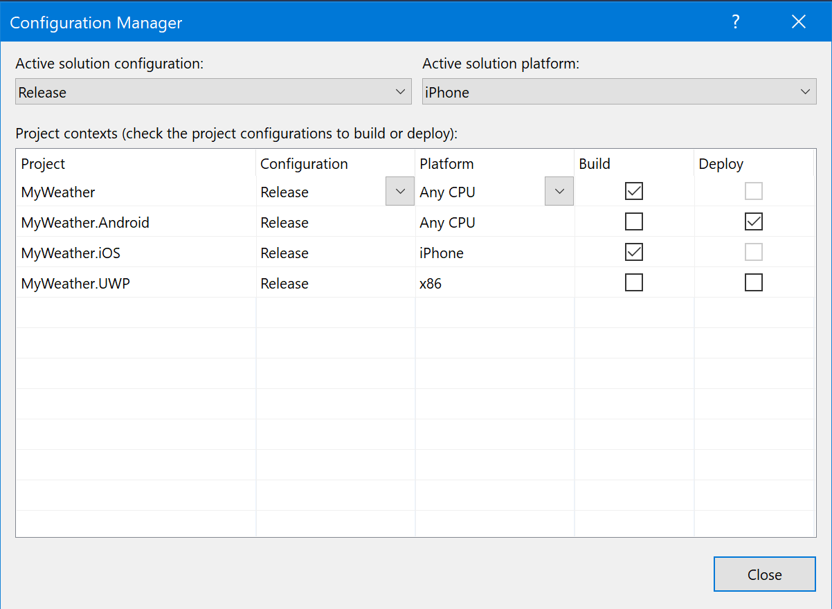 Visual Studio pro Windows Configuration Manager obecné zobrazení