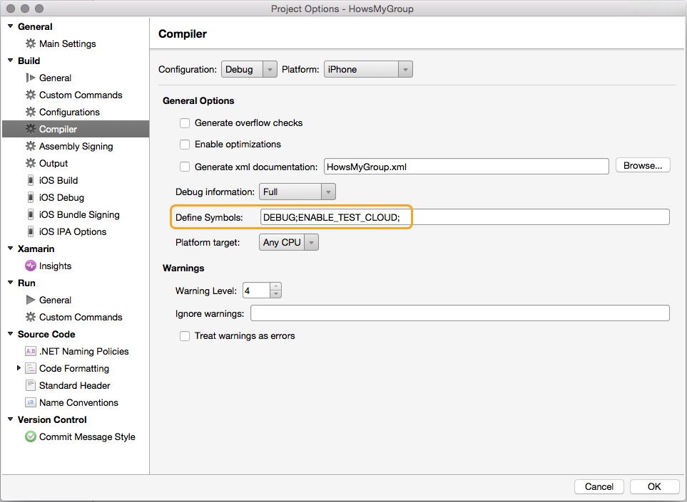 Možnost Definovat symboly v Visual Studio pro Mac