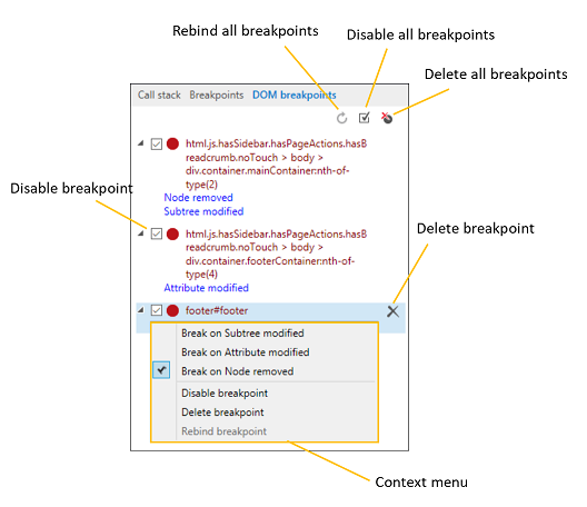 DOM breakpoints tab