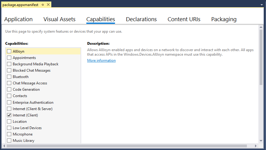 Capabilities panel of the Visual Studio appxmanifest designer