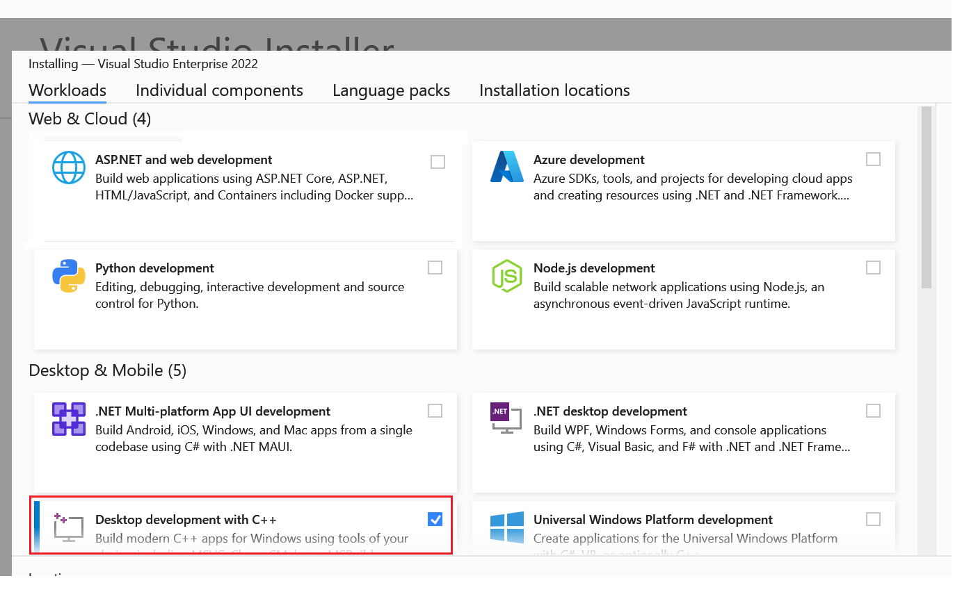 dialogové okno pro výběr úloh sady Visual Studio s vybranou možností Vývoj desktopových aplikací pomocí jazyka C++.