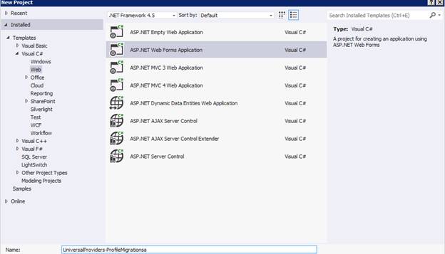 Snímek obrazovky s nově vytvořenou Web Forms aplikací v sadě Visual Studio 2012 pomocí šablony Web Forms