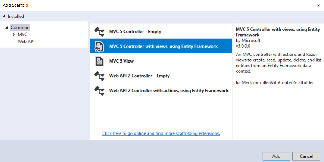 Dialogové okno Pro přidání uživatelského rozhraní v sadě Visual Studio