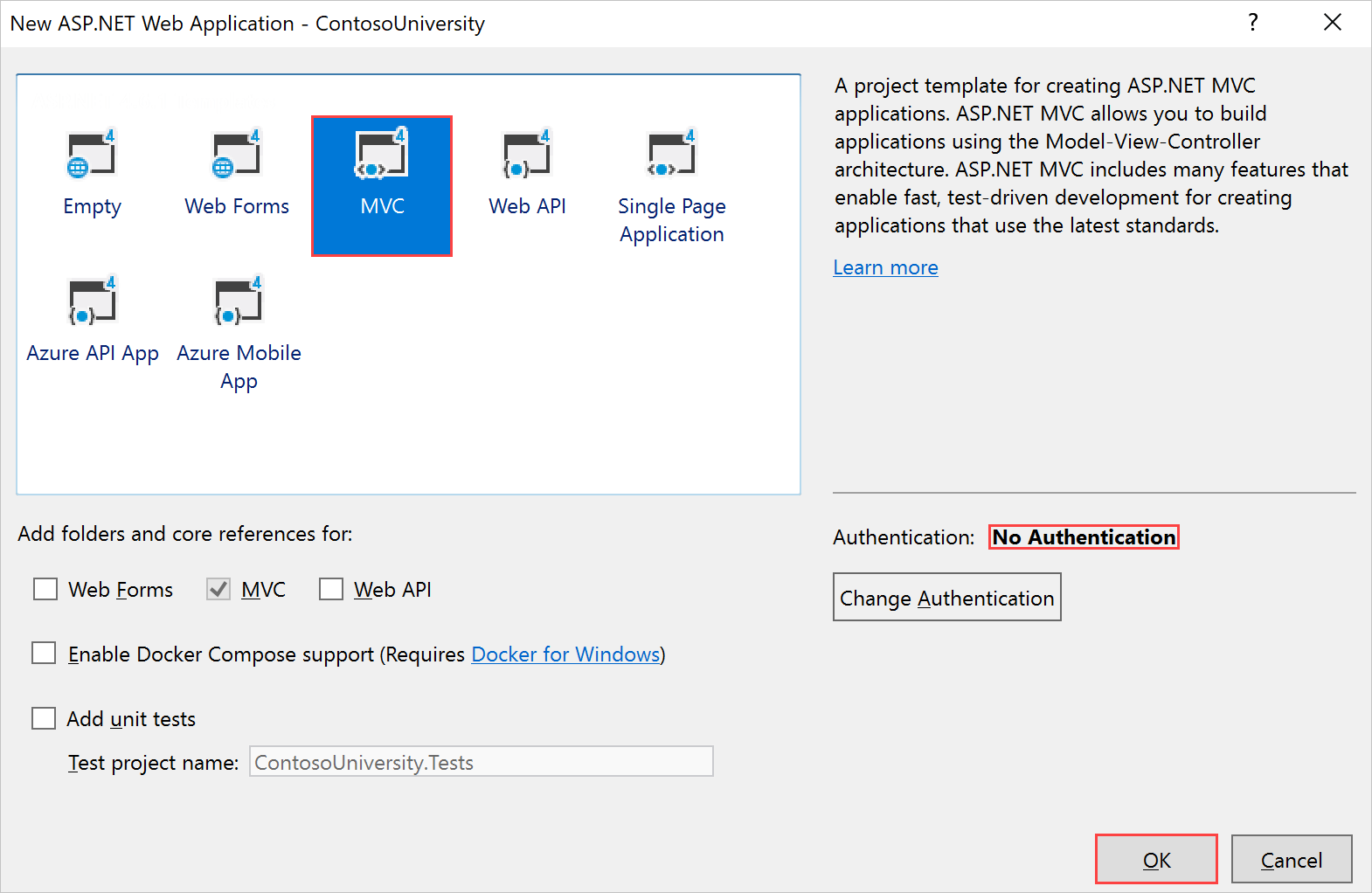 Dialogové okno Nová webová aplikace v sadě Visual Studio