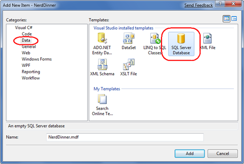 Snímek obrazovky s dialogovým oknem Přidat novou položku v sadě Visual Studio Databáze serveru S Q L je zvýrazněná. Data jsou zvýrazněná.