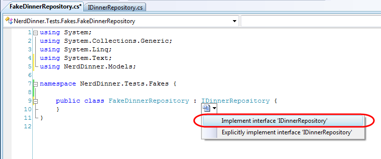 Snímek obrazovky s příkazem místní nabídky Implement interface I Dinner Repository