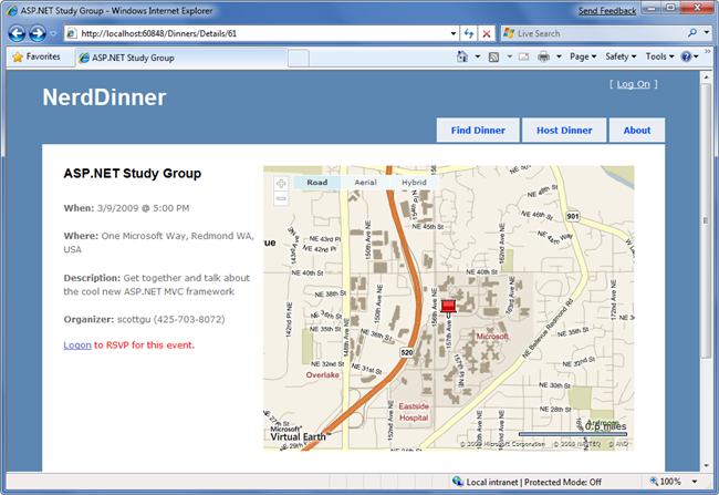 Snímek obrazovky webové stránky Nerd Dinner s podrobnostmi o večeři skupiny A S P dot NET Study Group