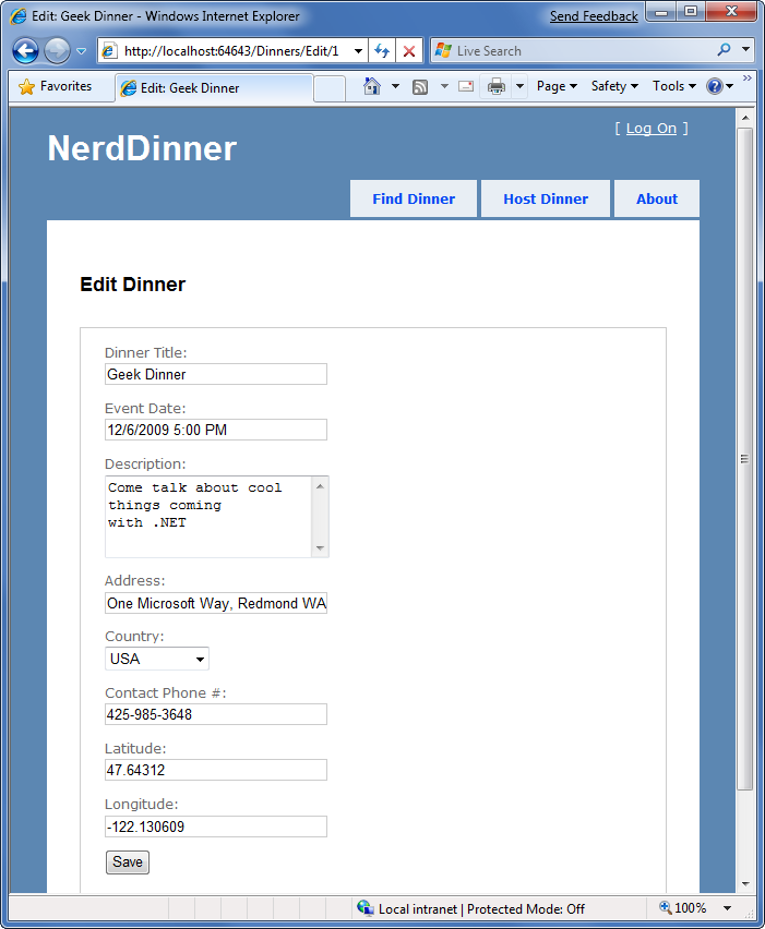 Snímek obrazovky se stránkou formuláře Nerd Dinner Edit