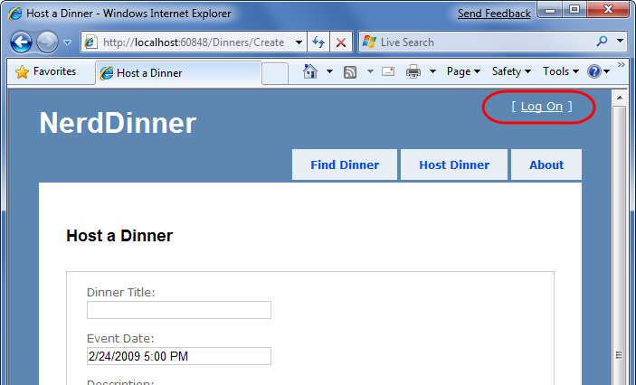 Snímek obrazovky se stránkou Nerd Dinner Host a Dinner V pravém horním rohu je zvýrazněná položka Log On (Přihlásit se).