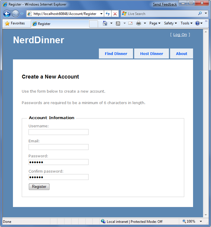 Snímek obrazovky se stránkou Nerd Dinner Create a New Account (Nerd Dinner Create a New Account)