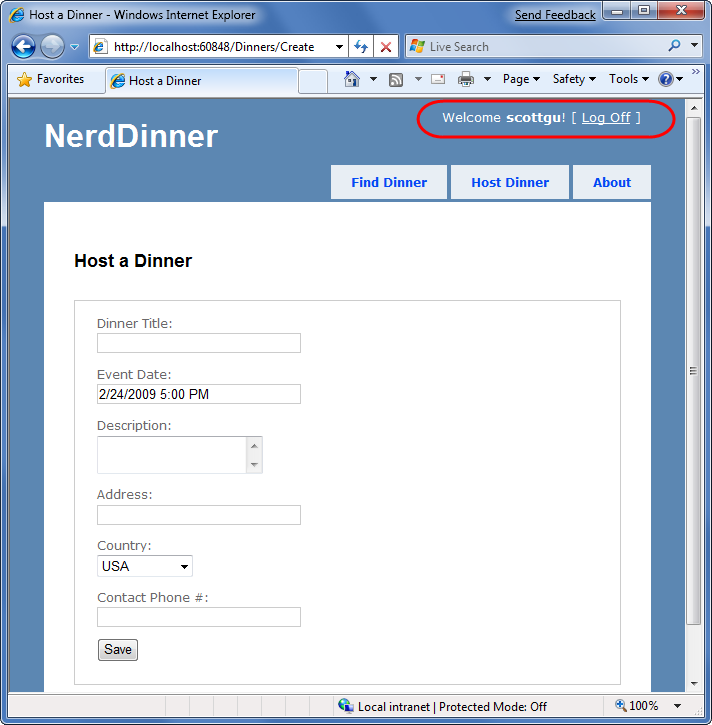 Snímek obrazovky se stránkou formuláře Nerd Dinner Host a Dinner V pravém horním rohu jsou zvýrazněná tlačítka Vítejte a Odhlásit se.