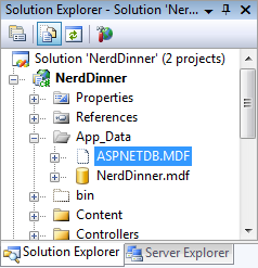 Snímek obrazovky s navigačním stromem Nerd Dinner Rozbalí se data aplikace a vybere se A S P NET D B tečka M D F.