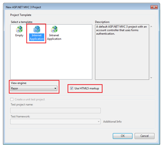 Snímek obrazovky s novou A S P . N E T M V C 3 Project dialog box to select Internet Application.