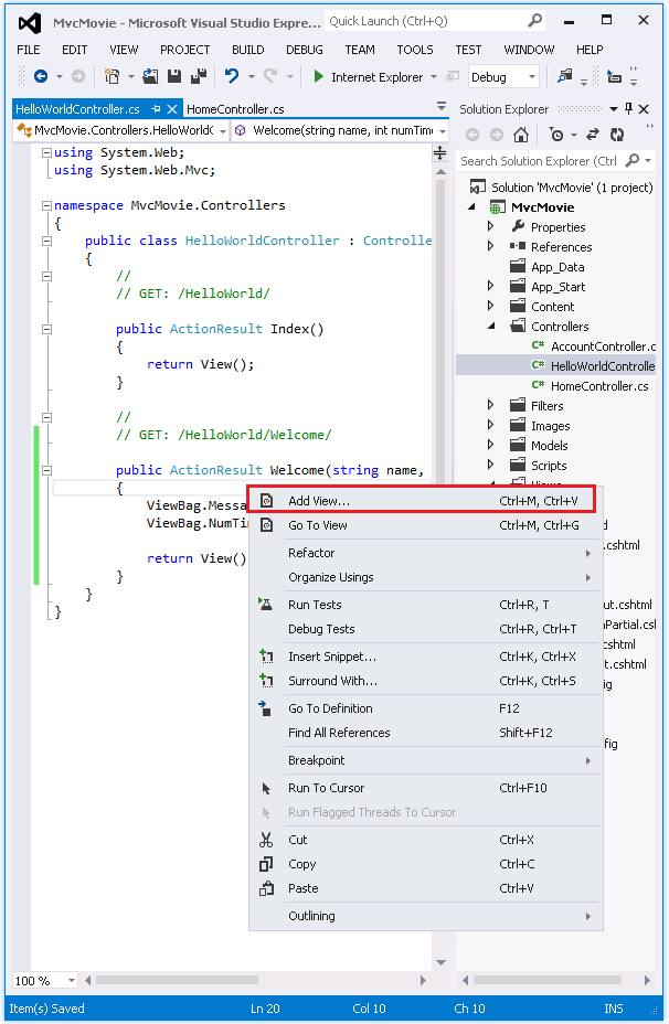 Snímek obrazovky znázorňující kartu Hello World Controller dot c s V okně Průzkumník řešení je vybrána možnost Přidat zobrazení v nabídce Hello World Controller dot c s pravým tlačítkem myši.